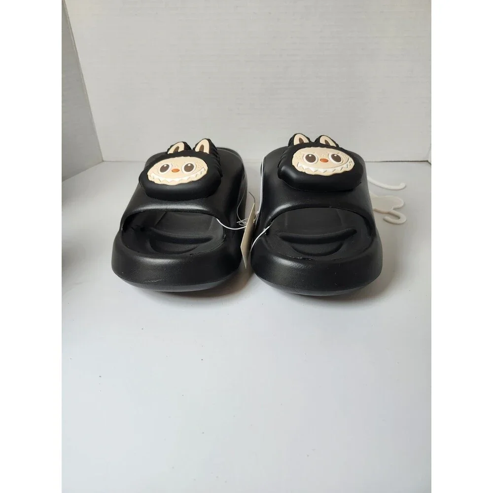 Black Unisex Slide Sandals Cartoon Accents Synthetic Slip On Lightweight